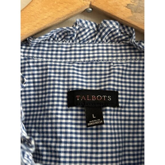 Talbots Floral Embroidered Gingham Blue White Check Roll Tab Sleeve Shirt Large - Picture 6 of 11